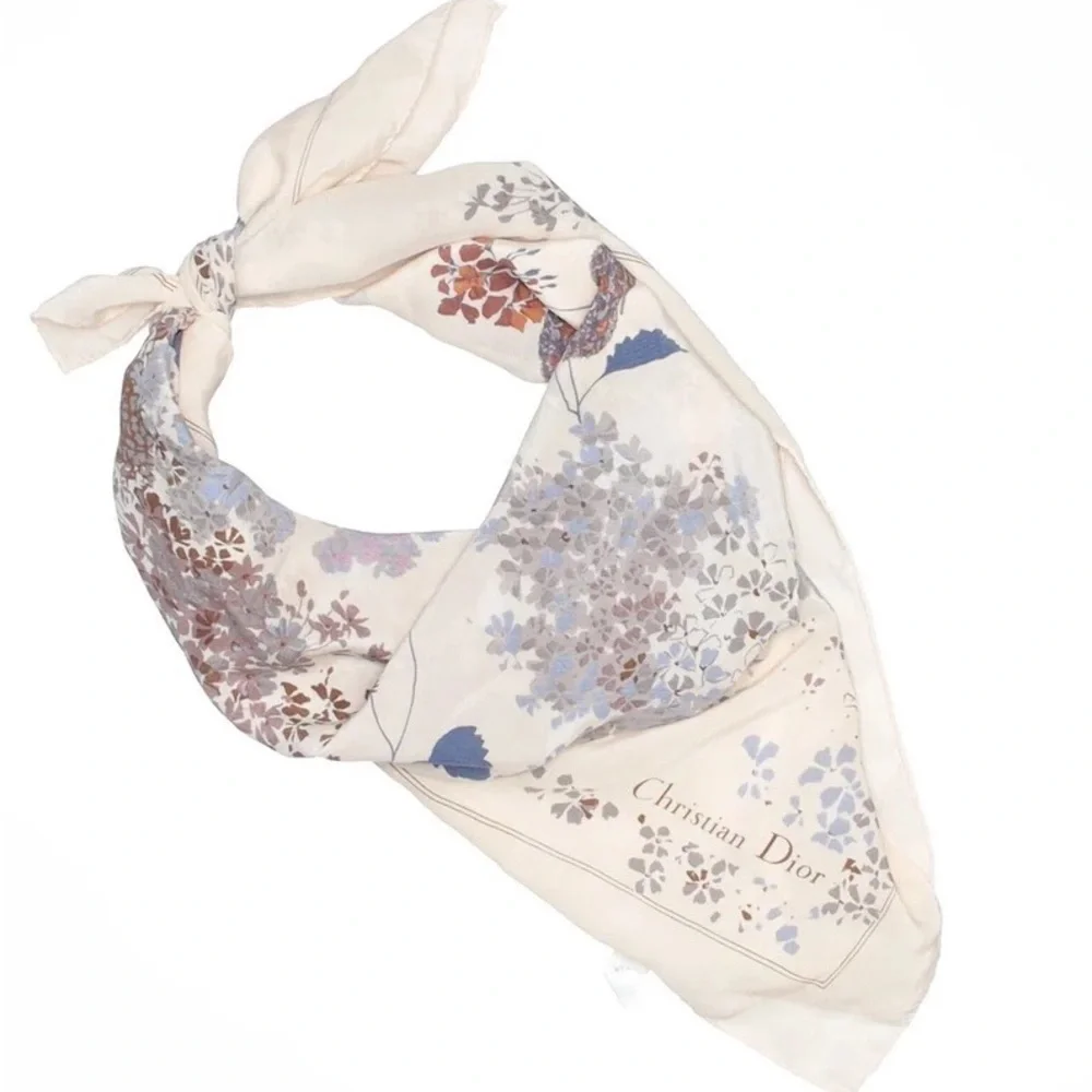 Vintage Christian Dior New Look Silk Floral Lilac Cream Square Scarf 1950s 1990s
